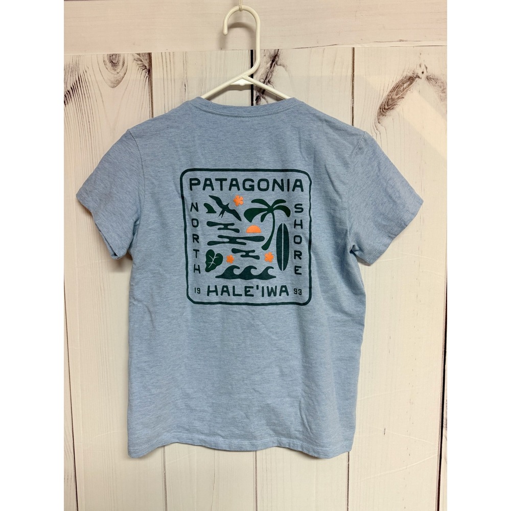 Patagonia Womens Responsibili-Tee Small Blue Haleiwa Hawaii North Shore Graphic